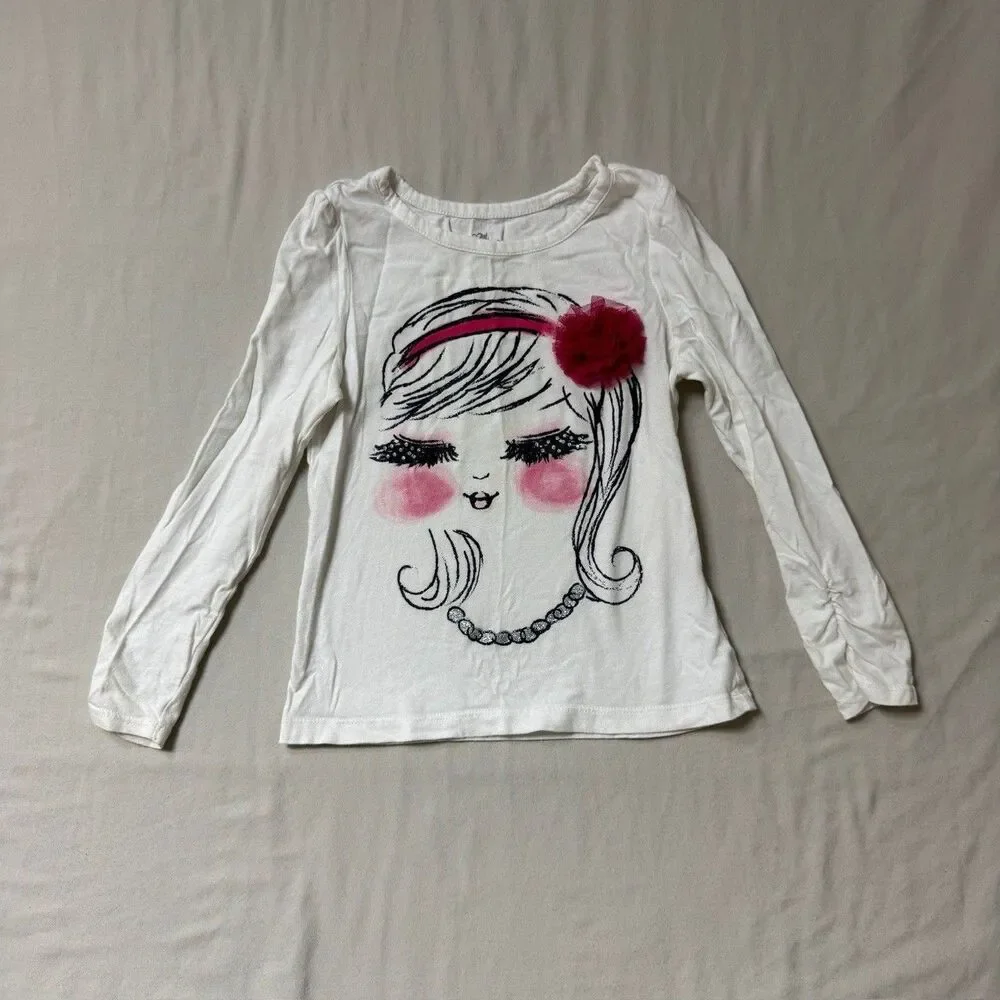 Children's Place White Long Sleeve Top Girls Small 5/6 Flower Applique School